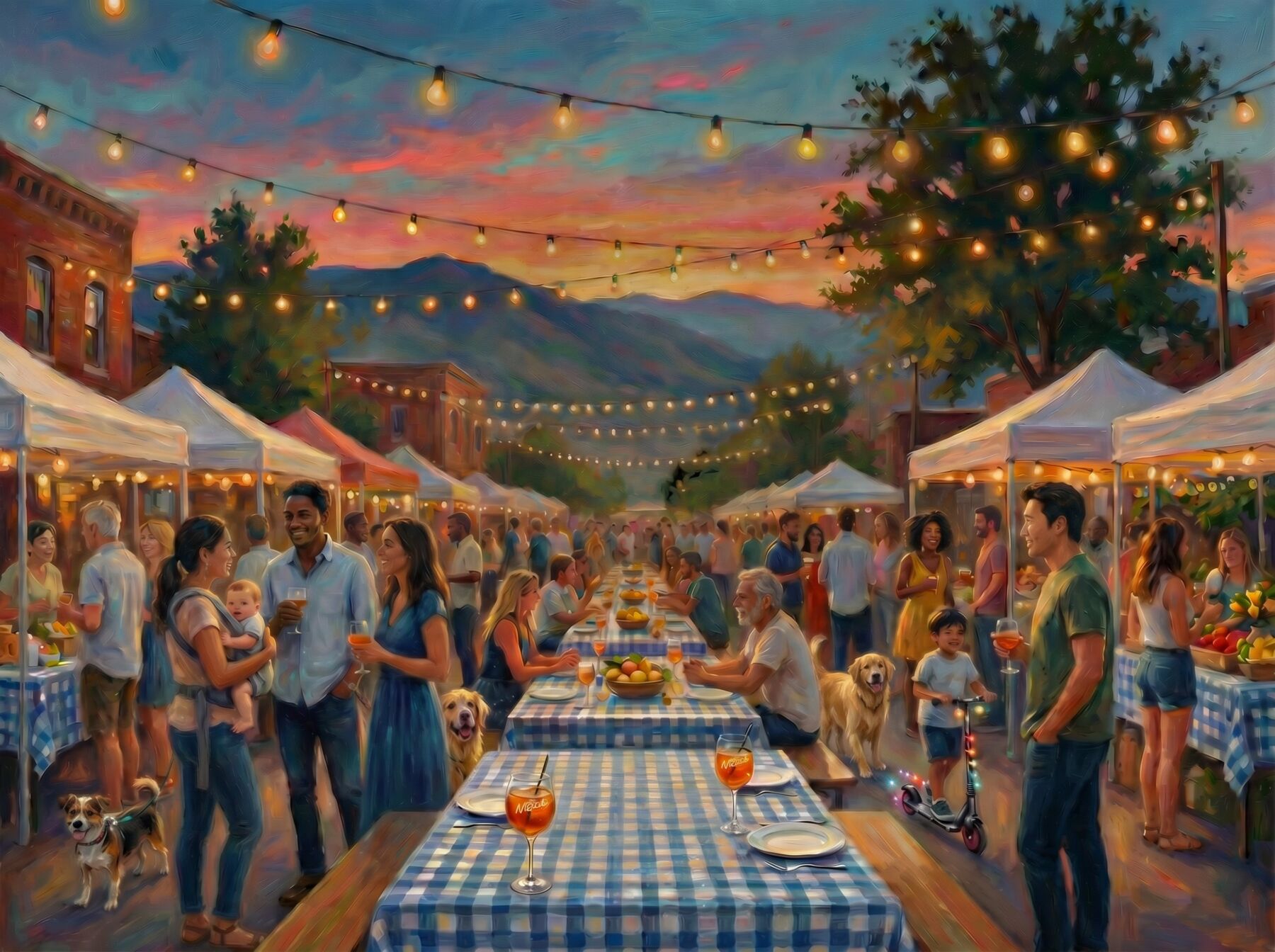 Block party communal dinner illustration with mountains and lemons