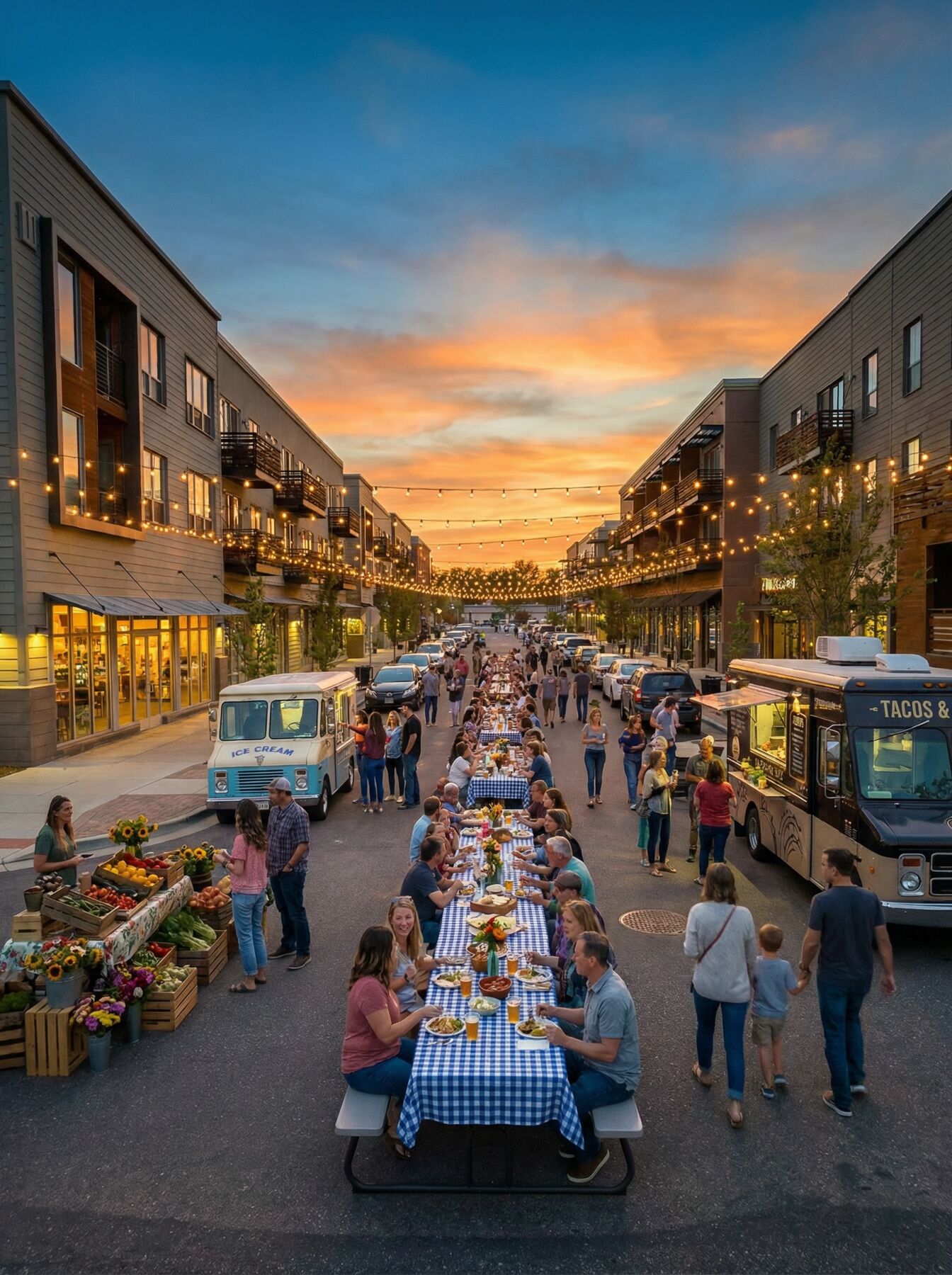 Communal dinner down the street at sunset